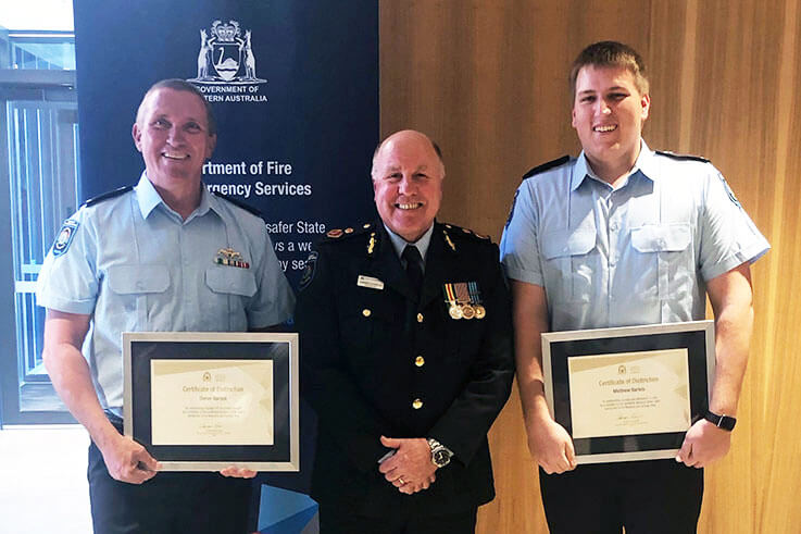 Matthew Bartels (right) and his dad (left) with their Certificates of Distinction presented by DFES Commissioner Darren Klemm (middle).