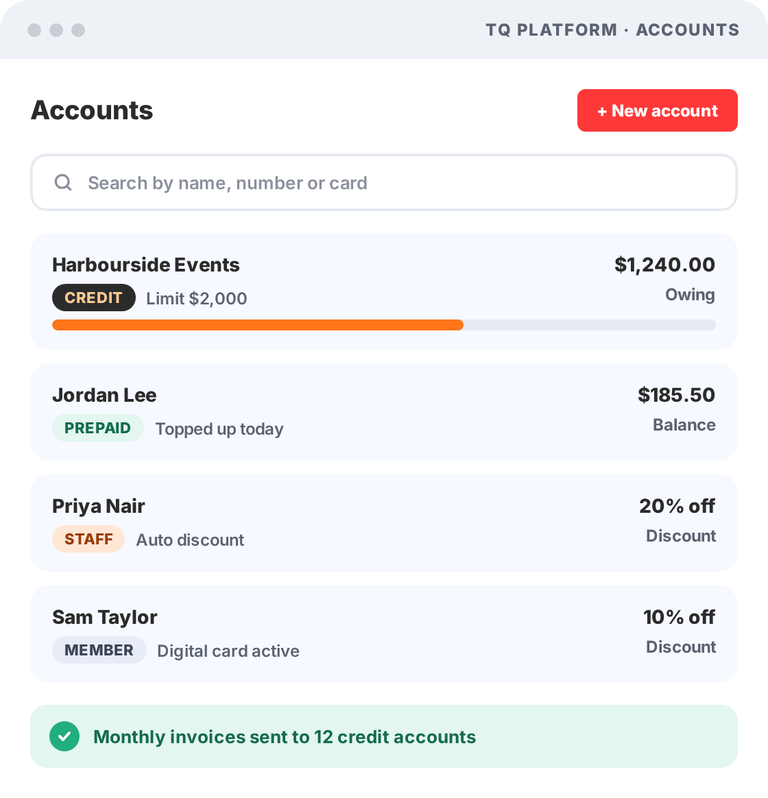 Accounts Manager in TQ Platform showing a credit account with a spend limit, a prepaid account balance, and staff and member discount accounts