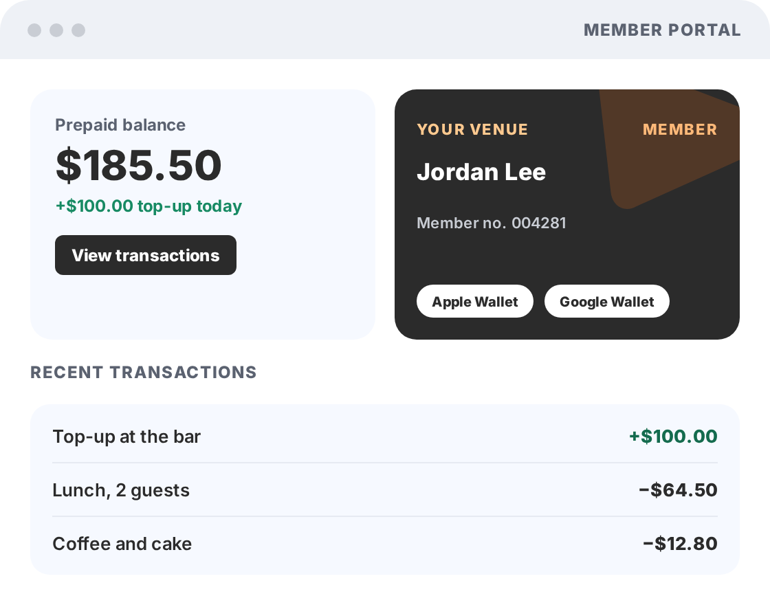 Accounts Manager member portal showing a prepaid balance, a digital membership card for Apple Wallet and Google Wallet, and recent transactions