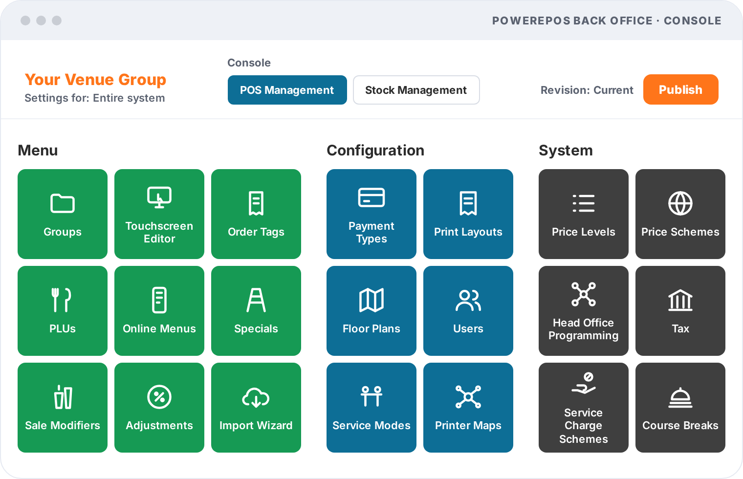 PowerEPOS back office console with menu, configuration and system settings, including head office programming for multi-site groups