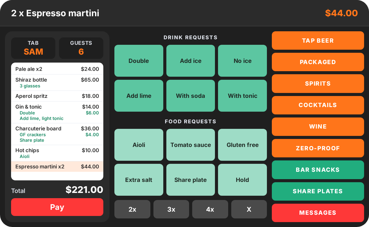 PowerEPOS bar POS order screen with a bar tab of drinks and share plates and the Pay button on the left, drink and food requests in the middle and drinks categories on the right
