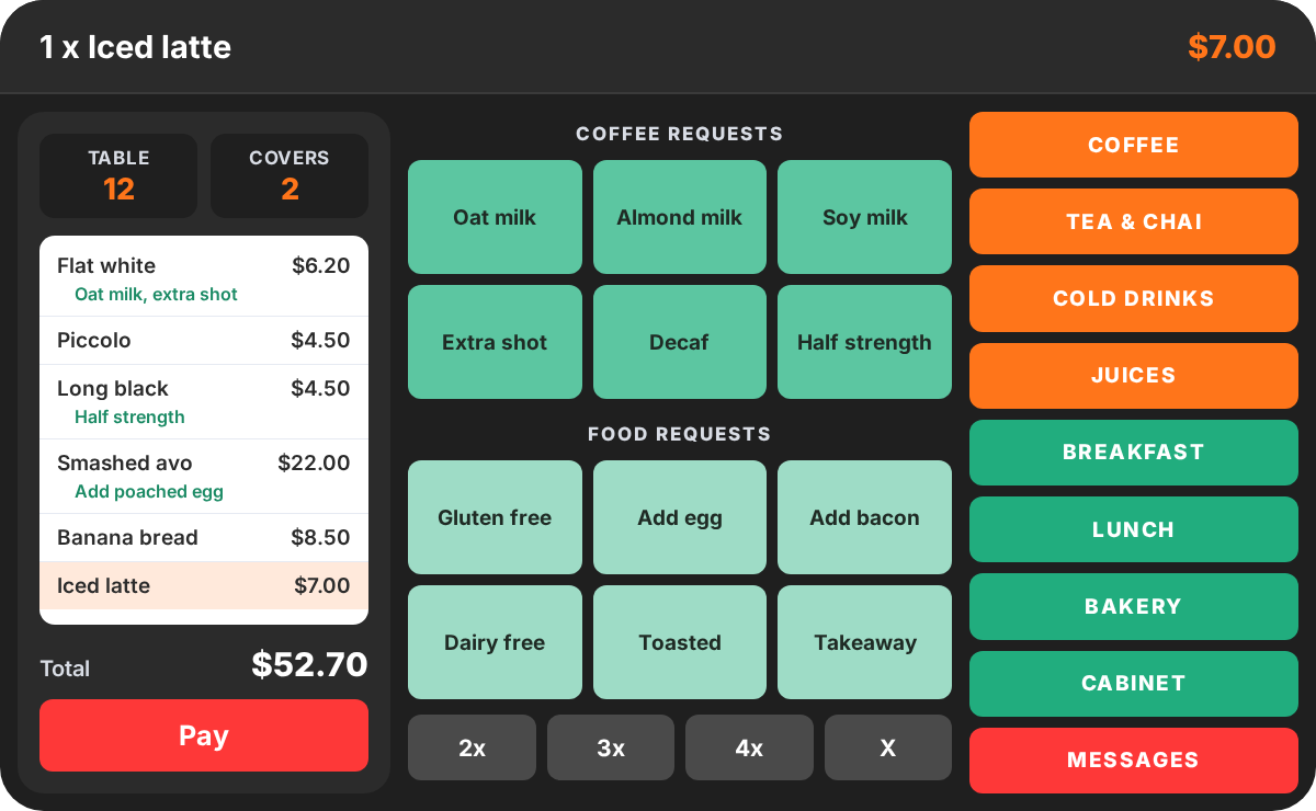 PowerEPOS café POS order screen with a table order and Pay button on the left, coffee and food request buttons in the middle and menu categories on the right