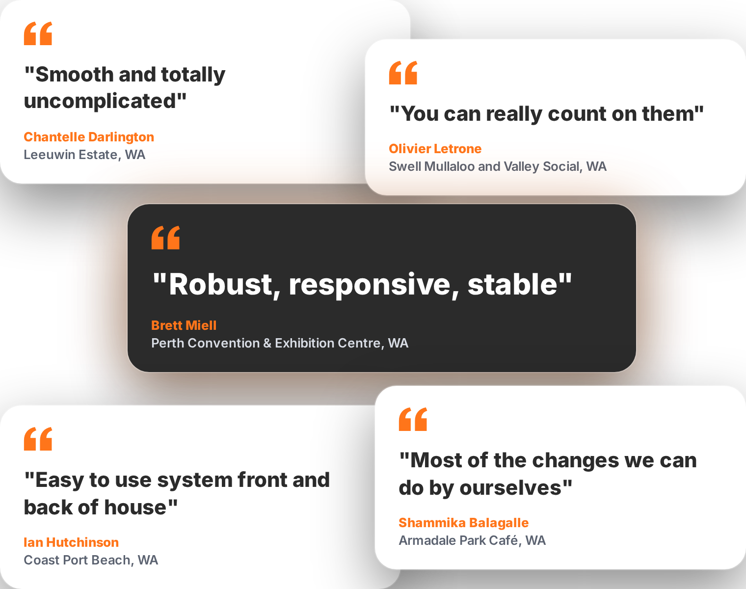 Customer quotes about PowerEPOS from Perth Convention and Exhibition Centre, Leeuwin Estate, Swell Mullaloo and Valley Social, Coast Port Beach and Armadale Park Café