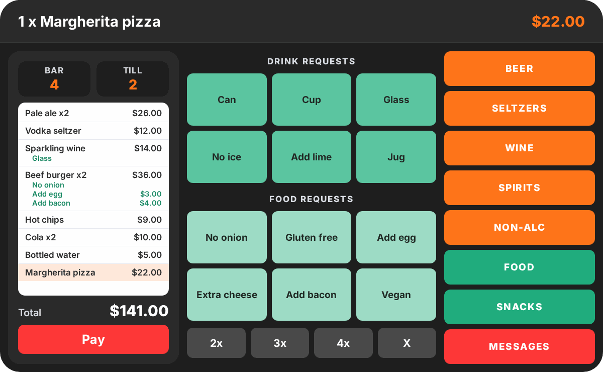 PowerEPOS event POS order screen with a festival bar order of drinks, burgers, hot chips and a pizza and the Pay button on the left, drink and food requests in the middle and beer, wine, food and snacks categories on the right