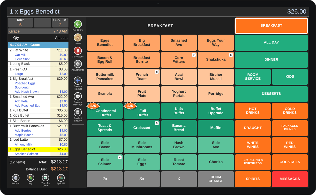 PowerEPOS hotel POS order screen with a hotel restaurant table order and the Pay button on the left, food and drink requests in the middle and breakfast, dinner and room service categories on the right