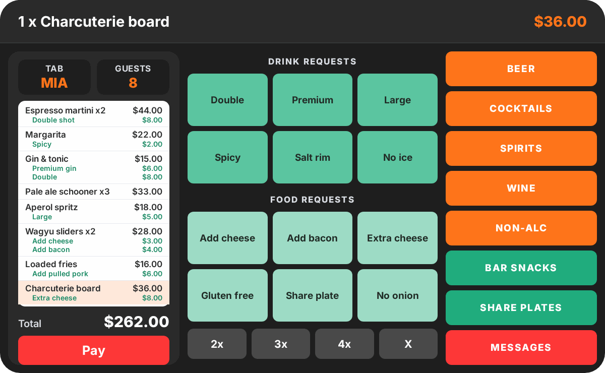 PowerEPOS multi-site POS order screen for a bar group, with a bar tab of cocktails, beer, sliders and share plates with priced modifiers and the Pay button on the left, drink and food requests in the middle and beer, cocktails, spirits and share plates categories on the right