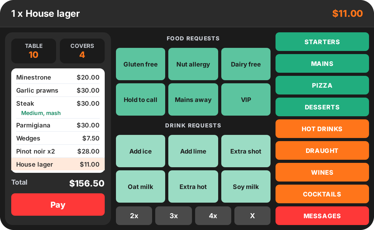 PowerEPOS hospitality POS order screen with the order and Pay panel on the left, food and drink request buttons in the middle and menu categories on the right
