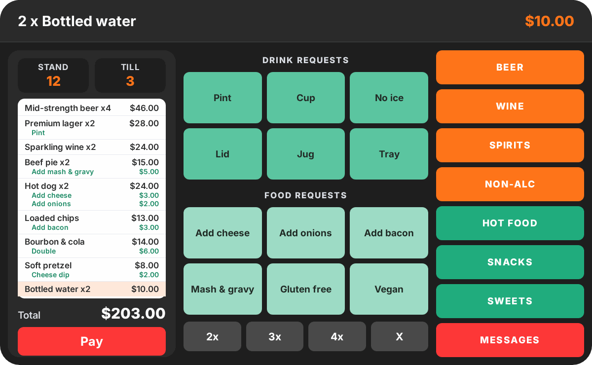 PowerEPOS stadium POS order screen for a concession stand, with an order of beer, wine, pies, hot dogs and snacks with priced modifiers and the Pay button on the left, drink and food requests in the middle and beer, wine, spirits, hot food and snacks categories on the right