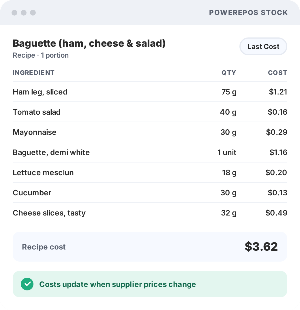 PowerEPOS Stock recipe costing screen showing each ingredient, quantity and cost for a menu item