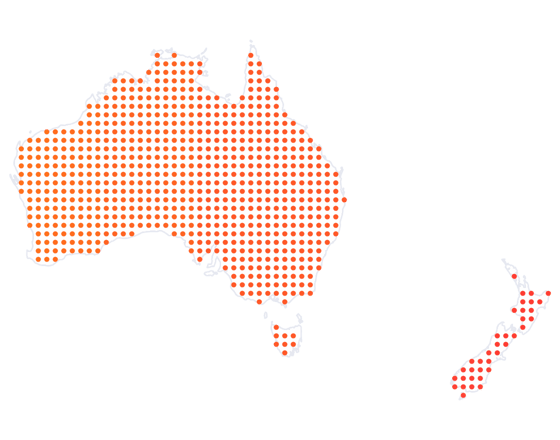 Map of Australia and New Zealand showing Triniteq supports venues across both countries