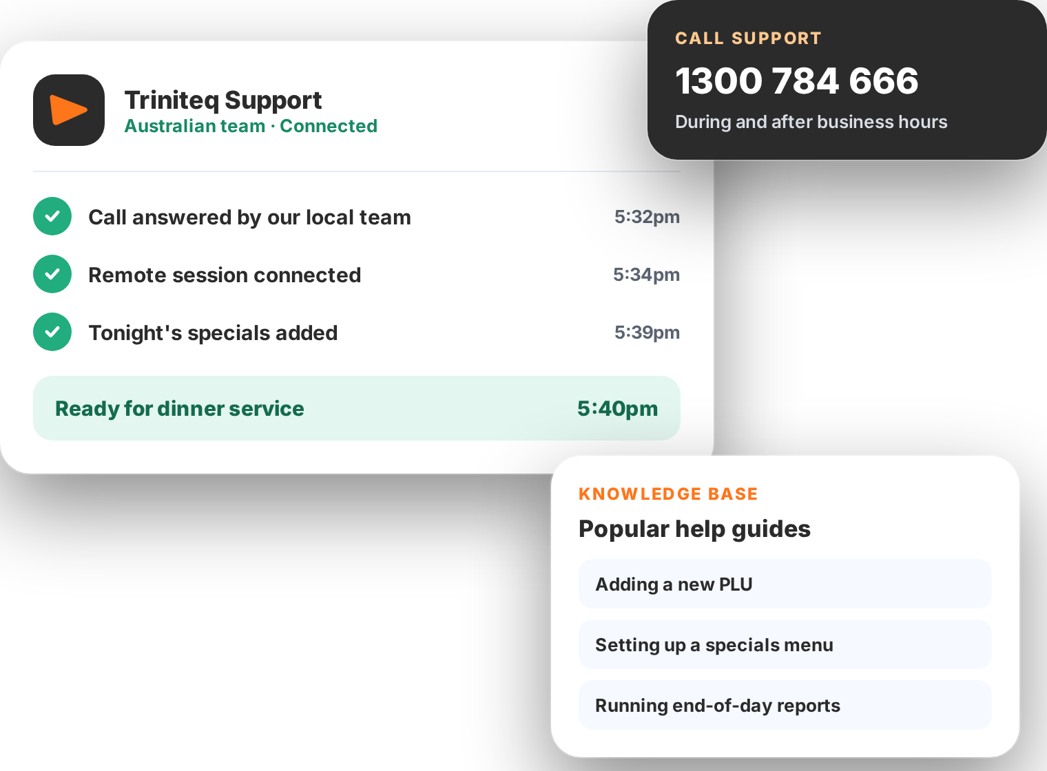 Triniteq support request answered by the Australian team, with a remote session connected and a specials menu set up, beside the support phone number and popular Knowledge Base guides