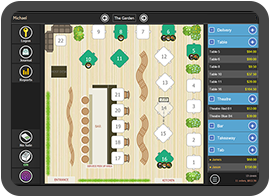 PowerEPOS on a tablet showing a detailed floor plan