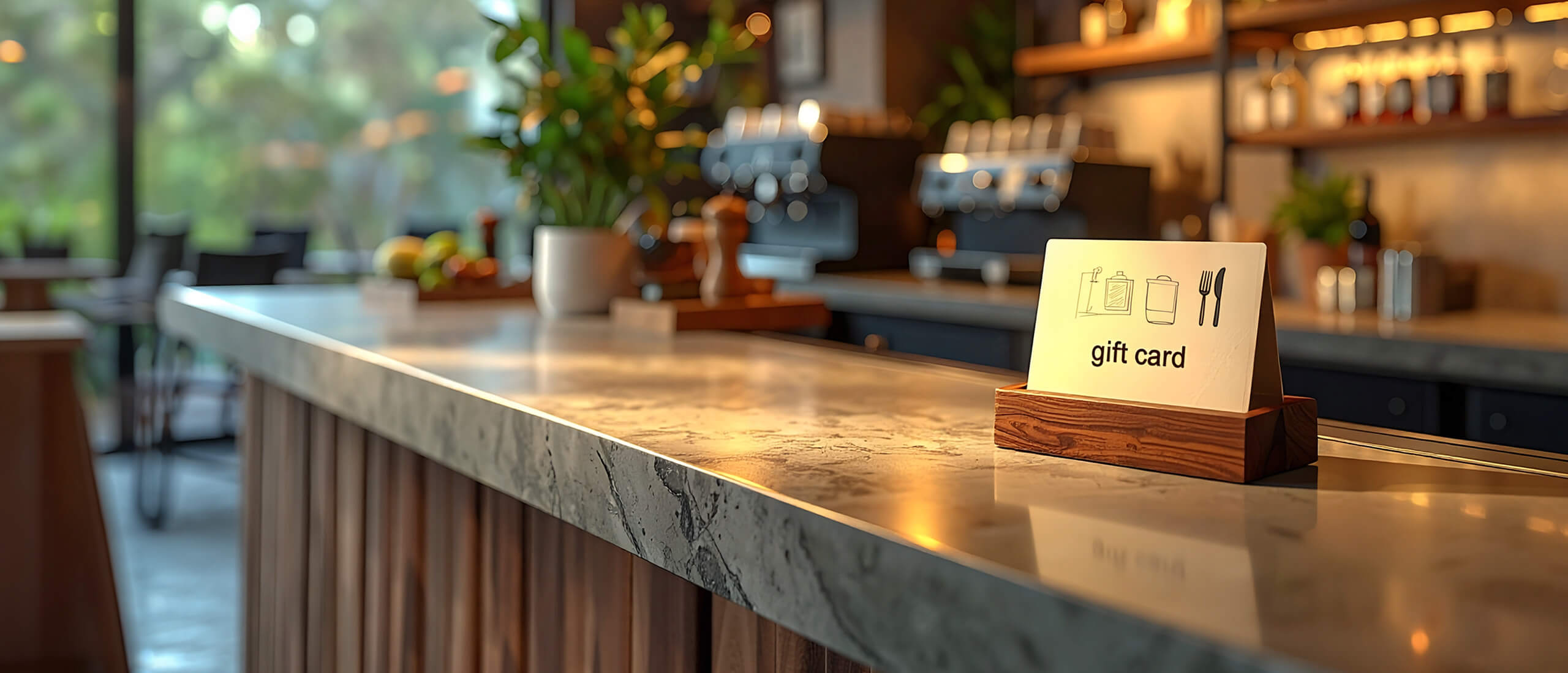 Gift card in a wooden stand on a café counter, ready to sell with PowerEPOS