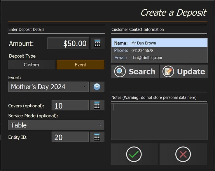 Add the rest of the information for the event deposit