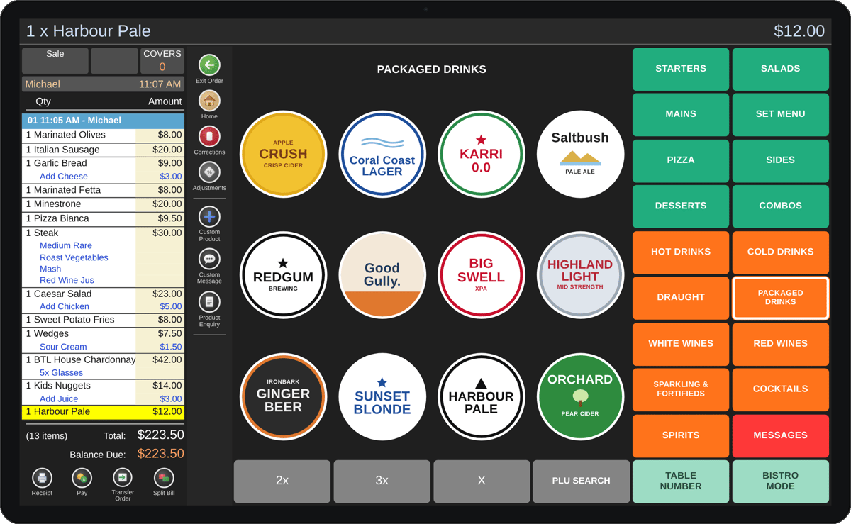 PowerEPOS pub POS order screen with a table order for pub meals and the Pay button on the left, food and drink request buttons in the middle and pub menu categories on the right