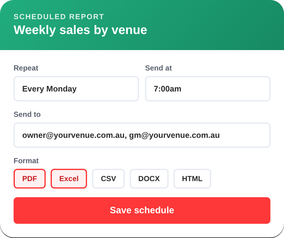 Scheduling a weekly sales by venue report in PowerEPOS Sales Analyst, emailed as PDF and Excel every Monday morning