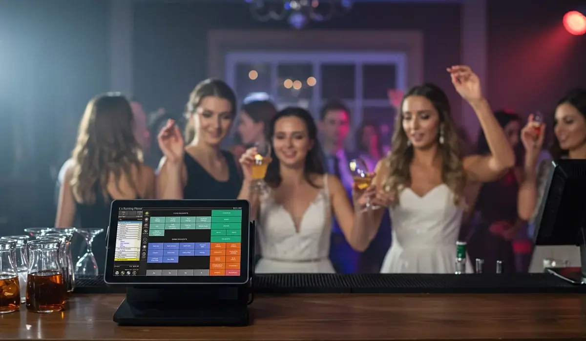People at a wedding venue dancing and drinking with PowerEPOS on a POS terminal in the foreground.