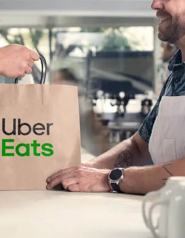 An Uber Eats bag ready for delivery
