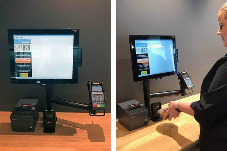 Woman scanning a product at a Triniteq self-service kiosk.