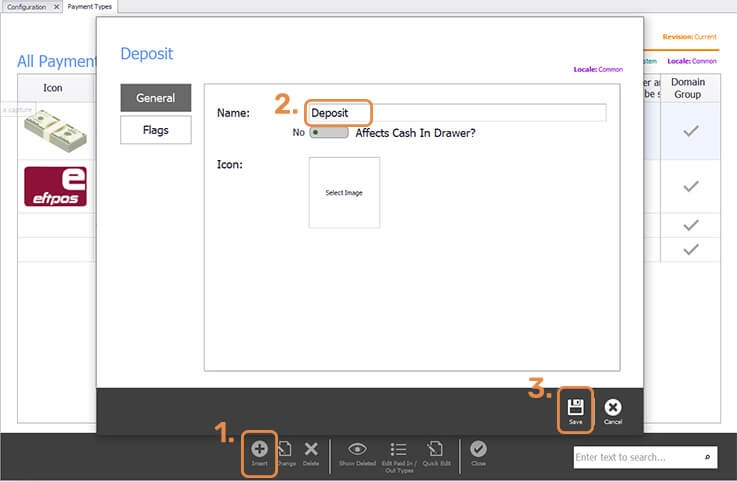 Payment Types screen