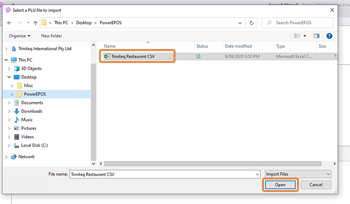 Triniteq PowerEPOS select CSV file