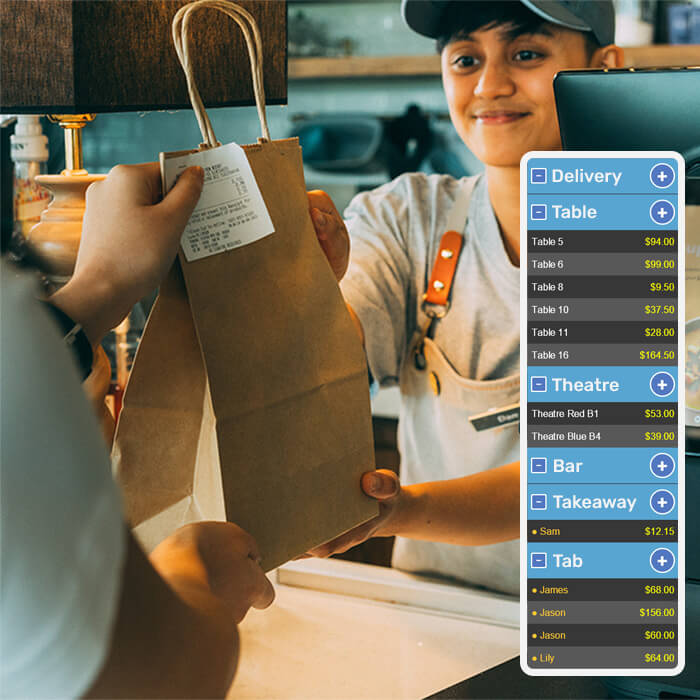Triniteq - A server handing a takeaway bag to a customer with a software screen on the right