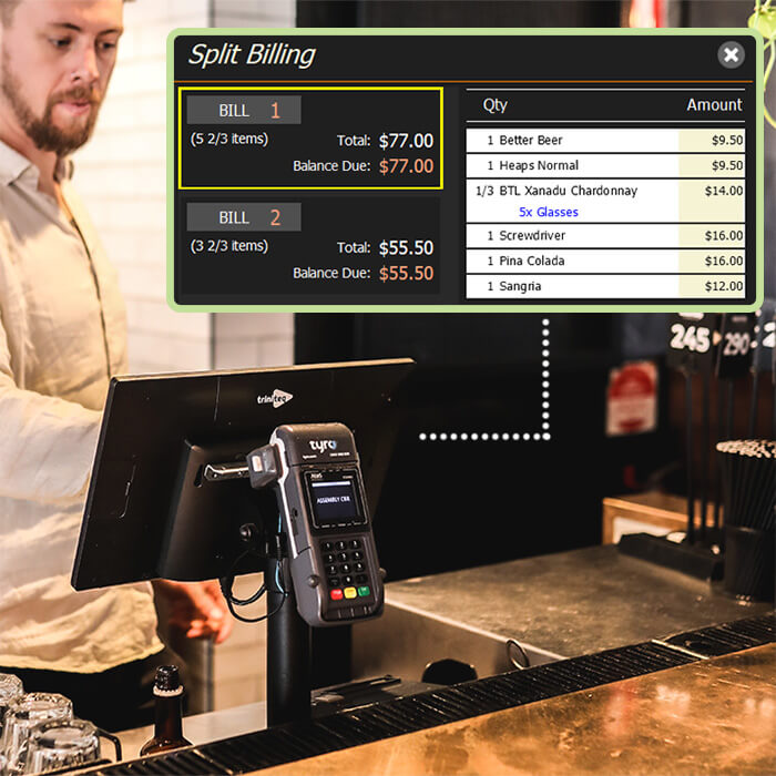 Server using the POS with split billing showing on the screen