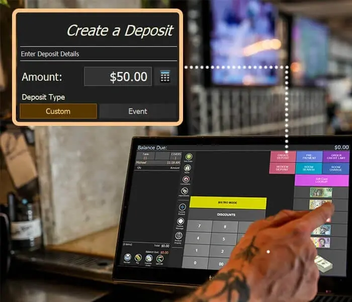 Triniteq - PowerEPOS on a touchscreen screen showing deposits
