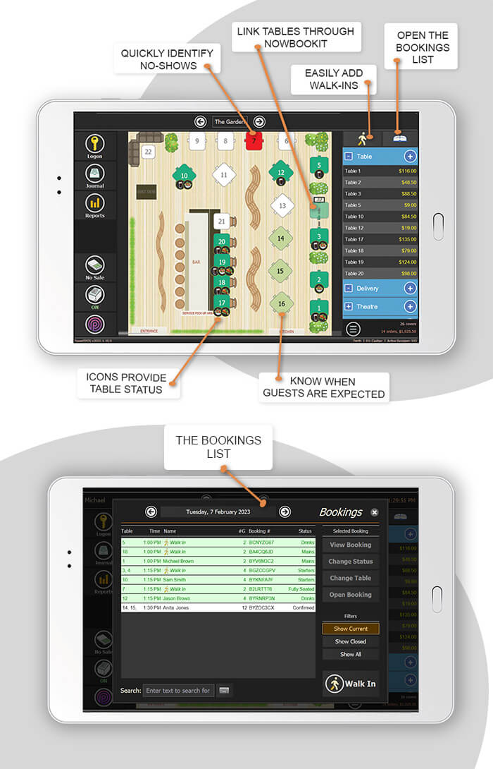 NowBookIt PowerEPOS Features on a white tablet