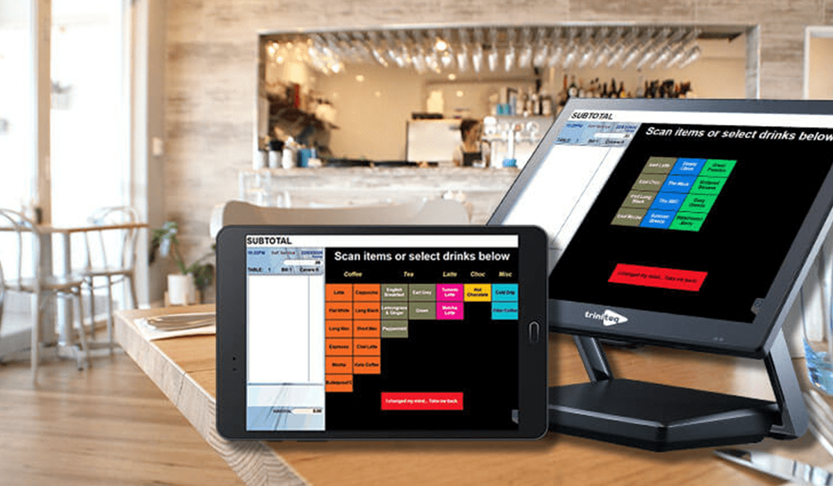  Self-service kiosks setup on a tablet and a POS terminal in a hospitality business.